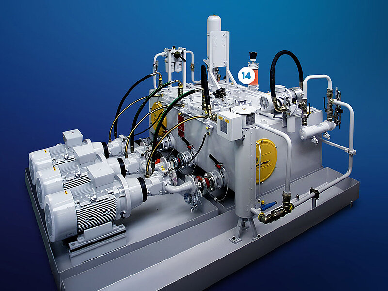 Hydraulikagregat von eisenberger auf dunkelblauem Hintergrund mit Kennzeichnung 14 für Filter