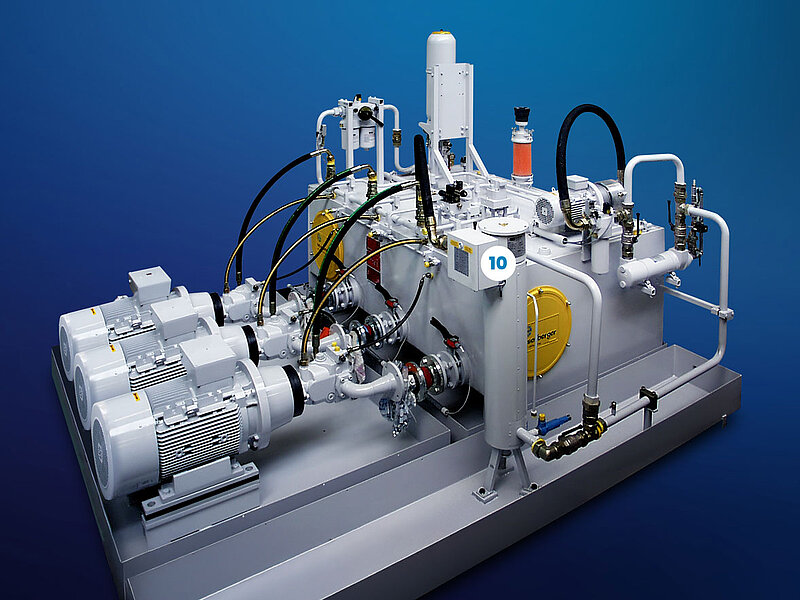 Teaser Hydraulikagregat von eisenberger auf dunkelblauem Hintergrund mit Kennzeichnung 10 für Elektronik und Steuerung