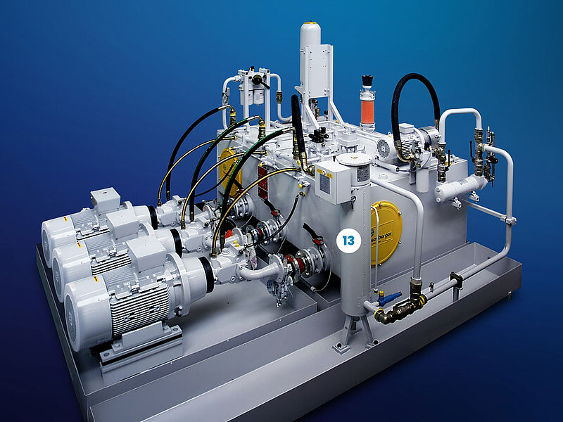 Teaser Hydraulikagregat von eisenberger auf dunkelblauem Hintergrund mit Kennzeichnung 13 für Zubehör